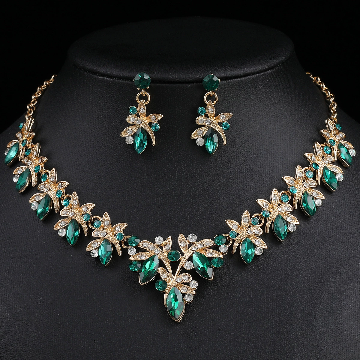 Earrings, necklace, chain, metal glass set, stone inlay, wedding dress, accessories, European style, dragonfly, for import
