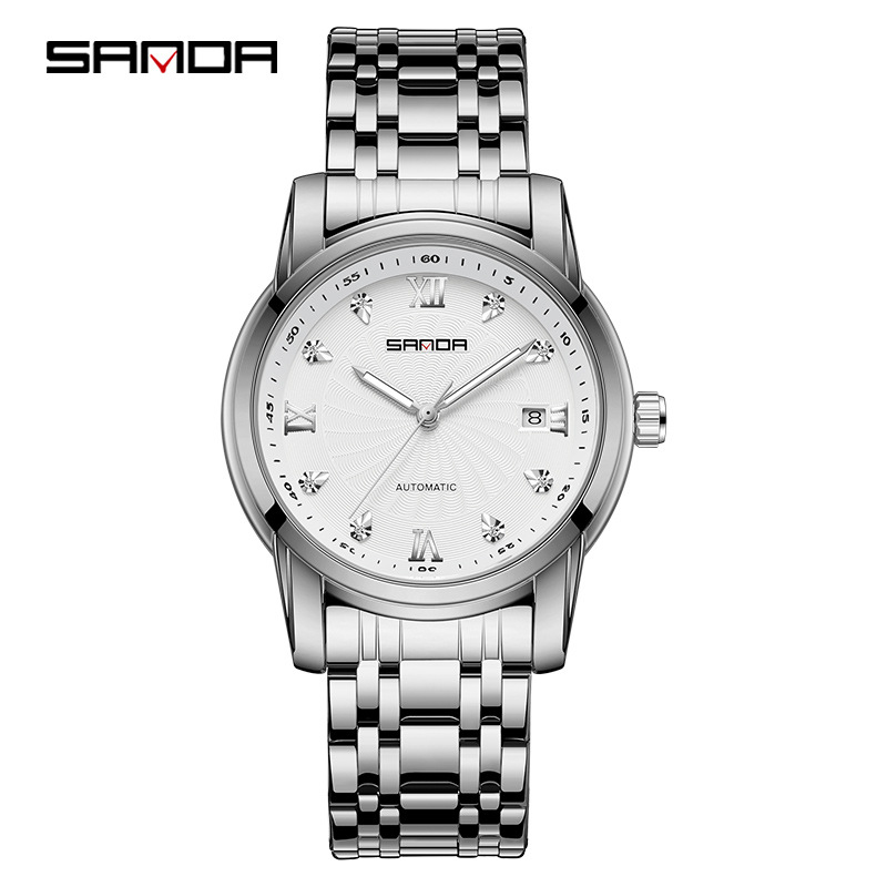 Sanda 7007 correa de acero para hombre reloj mecánico automático transparente inferior rhinestone moda manual reloj mecánico