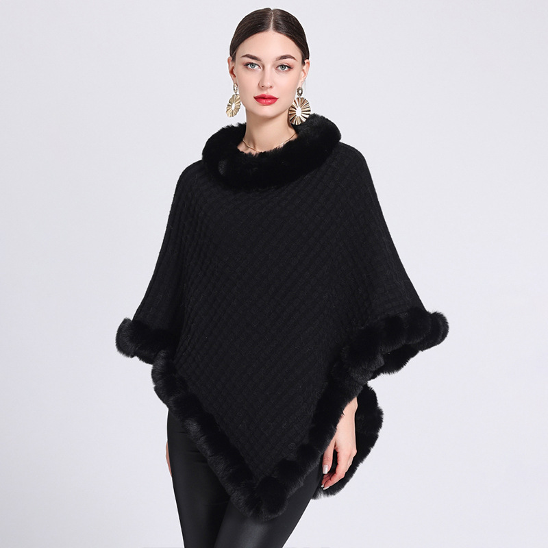Fur collar cape cape women's knitted pullover sweater cape coat_voghion.com