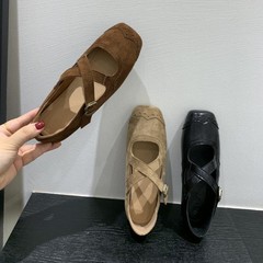 复古方头绒面浅口单鞋女秋季新款韩版交叉带芭蕾风平底玛丽珍鞋子