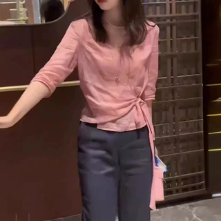 24529大爱美依缘2026新款V领侧边系带收腰上衣时尚直筒九分裤女装