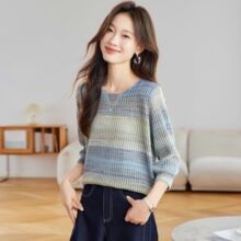 2026春夏季新款渐变色镂空针织衫女薄款七分袖t恤衫休闲宽松上衣