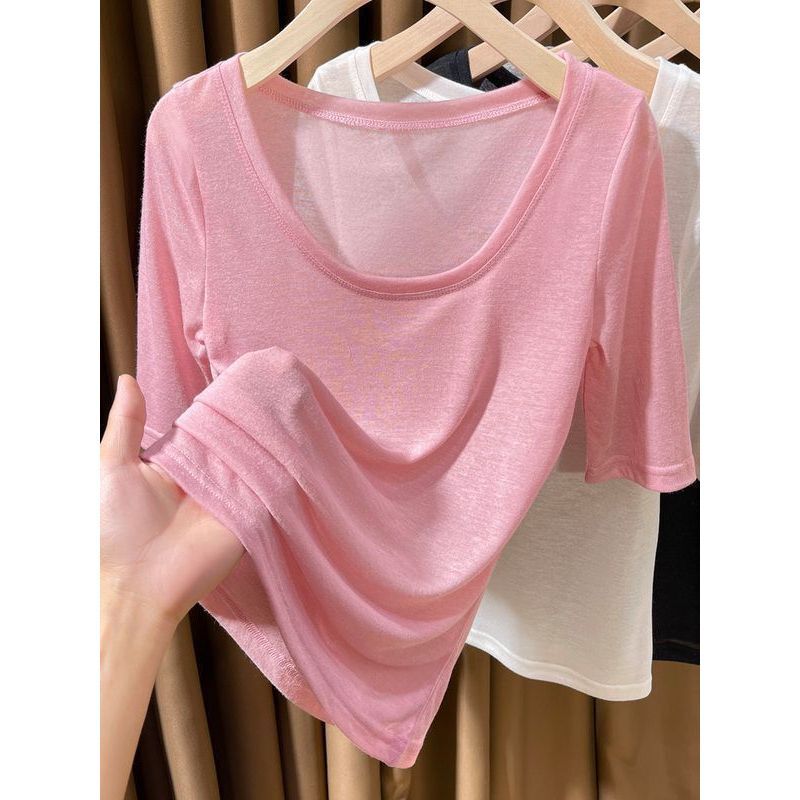 U-Neck Tencel Thin Mid-Sleeve Top 2026 New Low-Cut Five-Quarter Sleeve Regular Shoulder T-Shirt for Women, Ultra-Thin Short-Sleeve Knit Top for Women U-Neck Tencel Thin Mid-Sleeve Top 2026 New Low-Cut Five-Quarter Sleeve Regular Shoulder T-Shirt for Women, Ultra-Thin Short-Sleeve Knit Top for Women