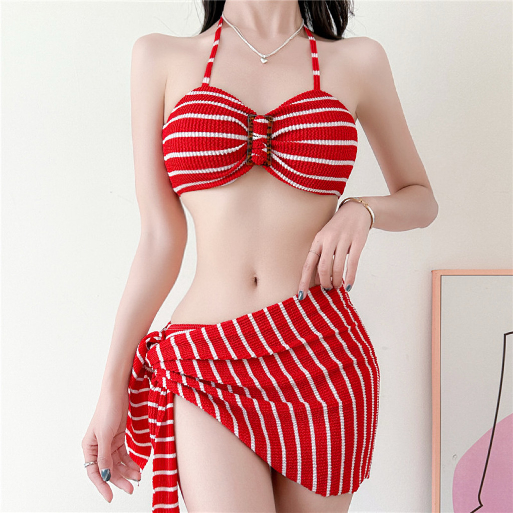 Ayollar uchun cho'milish kostyumi qora va oq chiziqli bikini bo'lingan uch qismli to'plam shahvoniy kichik ko'kraklar shirinlik uchun plyaj dam olish uchun issiq buloqlar