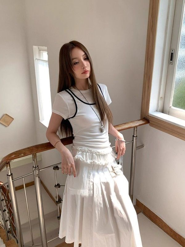 【200克人棉莫代尔】夏季圆领假两件美式辣妹下摆蕾丝拼接短袖女|undefined