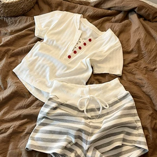 Sin Glee 韩系慵懒感假两件短袖睡衣夏季女款条纹短裤家居服套装