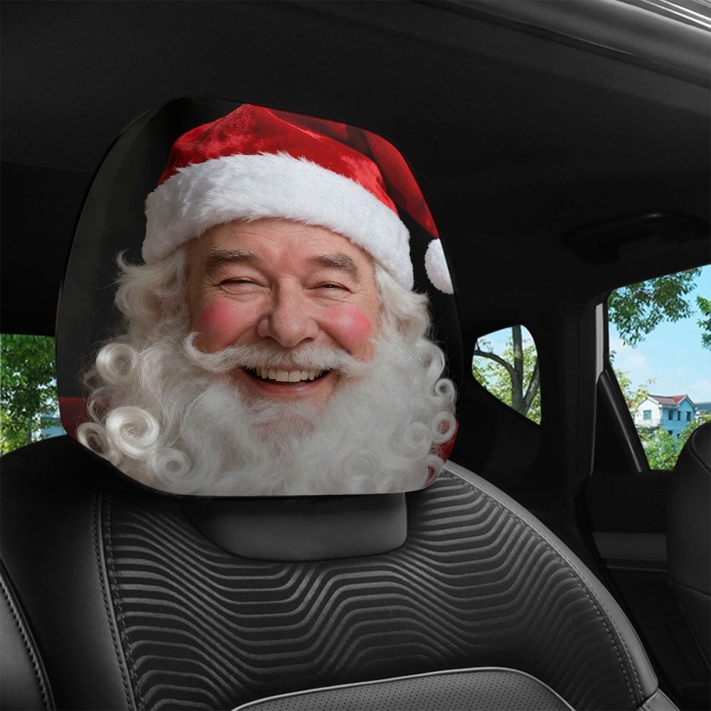 Car headrest cover with realistic smiling Santa Claus print, personalized design, universal fit for cars, can be customized with logo and made to order