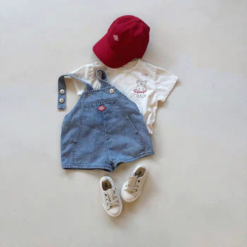 Summer unisex denim overalls with suspenders for babies, simple and versatile stylish one-piece pants in Korean version