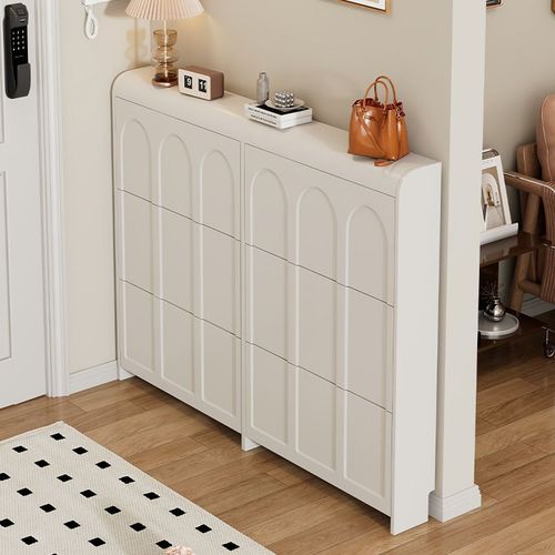 Cream-style ultra-thin tipping shoe cabinet for home use—ideal for entryways, leaning against the wall near the front door, this integrated storage unit doubles as a spacious shoe rack for your foyer.