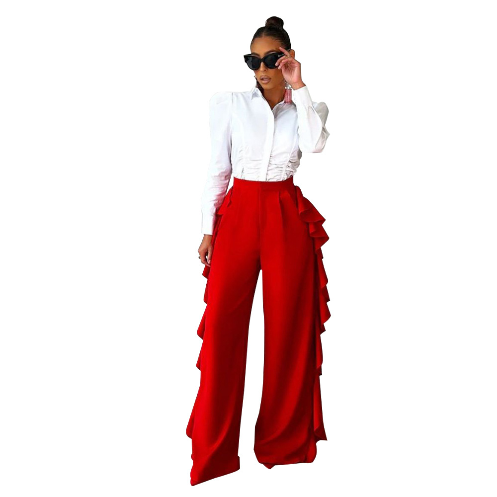 Women's Ruffled High-Waisted Wide Leg Pants Casual Formal High Waist Trousers For Spring Autumn Summer Regular Fit Polyester_ecoleips.com