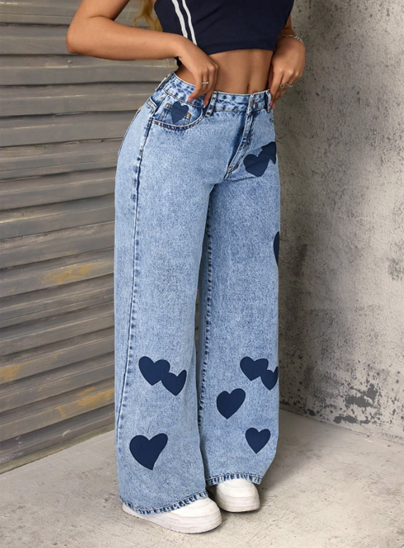 Women's Clothing Retro Women's Denim Trousers Heart Print Loose Fit European American Style For Formal & Casual_ecoleips.com