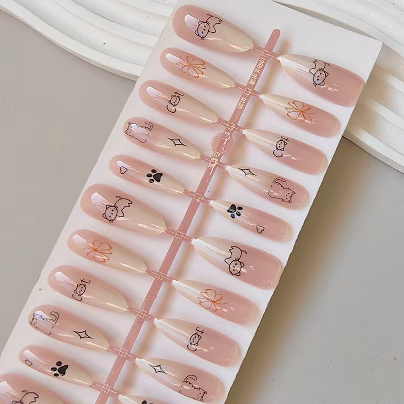New Blush Nails, Cute Cartoon Cats, Long Pointed Gradient Fake Nails, 30 Pieces, Full Size Prefabricated Nails