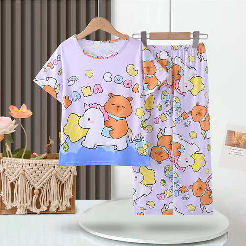 Boy's Spring and Summer Pajamas for Girls 2025 Short Sleeve Long Pants Thin for Boys and Middle Children Home Clothes for Outside Wear