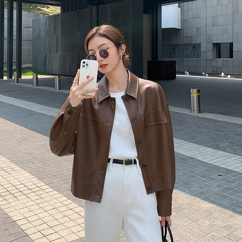 黑色皮衣女款2025新款春秋短款环保蛋白皮高级复古翻领机车皮夹克|undefined