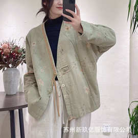 2025冬季新款复古百搭棉麻印花盘扣夹棉棉衣立领加厚暖和棉袄外套