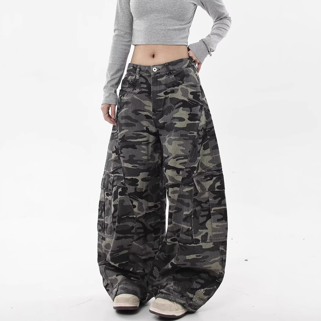 American Street Style Multi-Pocket Wide-Leg Camouflage Scimitar Jeans for Men, New Spring and Autumn Retro Straight Cargo Pants