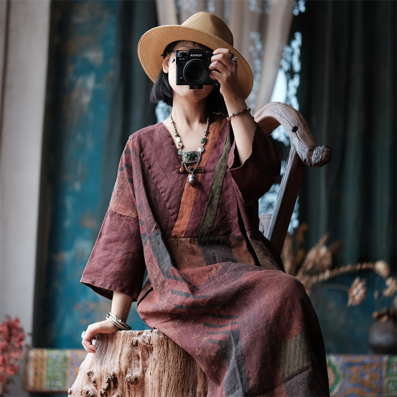 Luogu Mud Light Custom Retro Literary Linen Neckline Color Matching Loose Large Hem Dress Robe 2090 Amber Luogu Mud Light Custom Retro Literary Linen Neckline Color Matching Loose Large Hem Dress Robe 2090 Amber