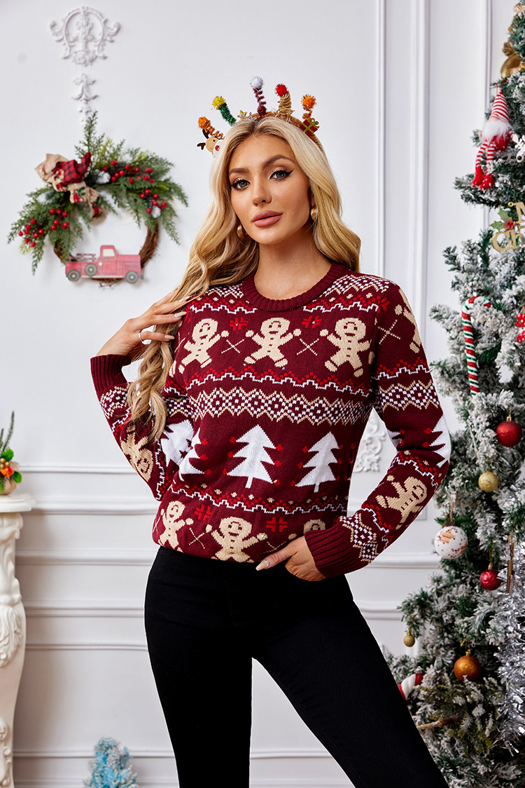 Holiday, Festival Occasion Round Neck Neckline Wholesale Women's Casual Christmas Tree Gingerbread Long Sleeve Jacquard Sweaters & Cardigans