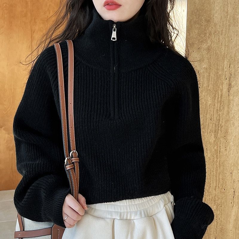 半拉链立领红色毛衣女秋冬2025新款韩版宽松慵懒风针织衫翻领上衣|undefined