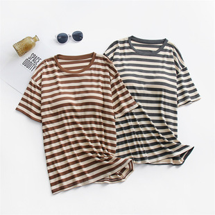 Women's One-piece Short-sleeved Outer Wearing Anti-bump T-shirt Striped Pajamas Top with Chest Pad Outer Wearing Home Clothes Summer Thin
