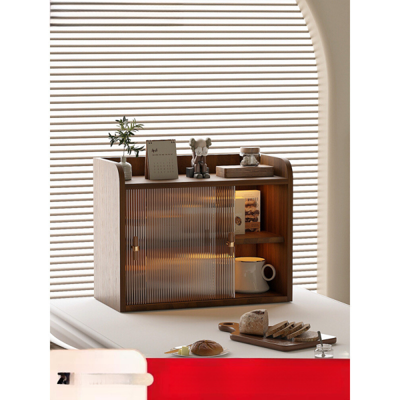 餐桌台面杯子收纳置物架办公桌防尘柜茶杯咖啡杯器具黑胡桃收纳盒