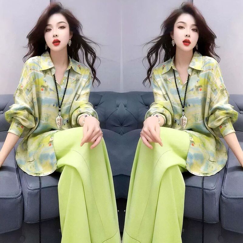 Summer Vacation Style High-End Casual Youthful Lapel Long-Sleeve Floral Shirt Set with Solid Color Wide-Leg Pants Two-Piece Set