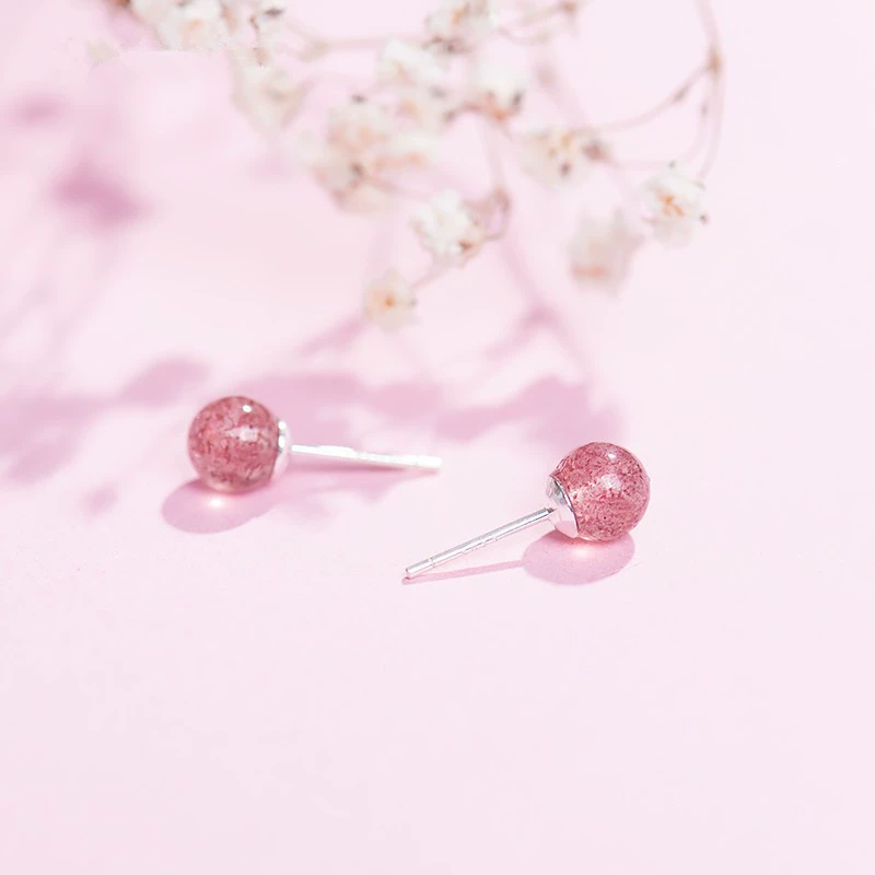 Серьги (Fuchsia) клубничный кристалл 6 мм, натуральный камень, изящная серебристая оправа