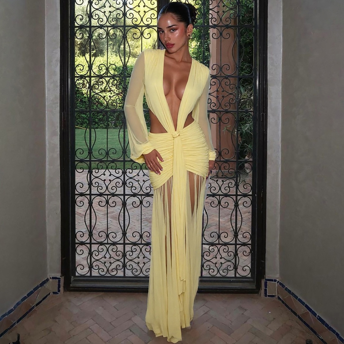 Women's Elegant Sexy Mesh Deep V-neck Pleated Slim-fit Long Sleeve Dress