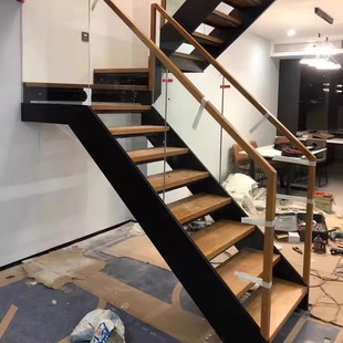 Custom High-End Loft Double-Beam Duplex Loft Room with a Mezzanine, Exterior and Interior Villa Steel-Wood-Glass Railing, Wrought Iron Staircase