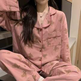 粉色小熊网红ins风2024秋冬季新款睡衣女长袖长裤家居服官方图