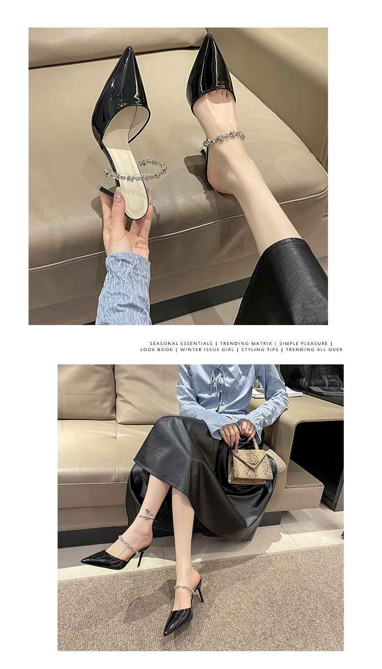 High-heeled toe slippers for women 2023 summer new style French rhinestone one-strap stiletto pointed toe patent leather half slippers_voghion.com