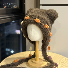 新款小熊耳朵毛绒帽子女显脸小针织护耳帽保暖防寒套头雷锋帽子潮