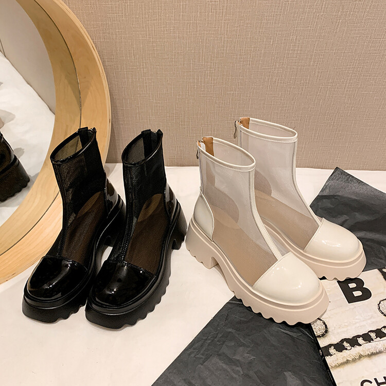Boot ngắn nữ da thật vải lưới cao gót 6cm mùa hè phong cách Anh thoáng khí — Màu đen, Trắng be chi tiết 110
