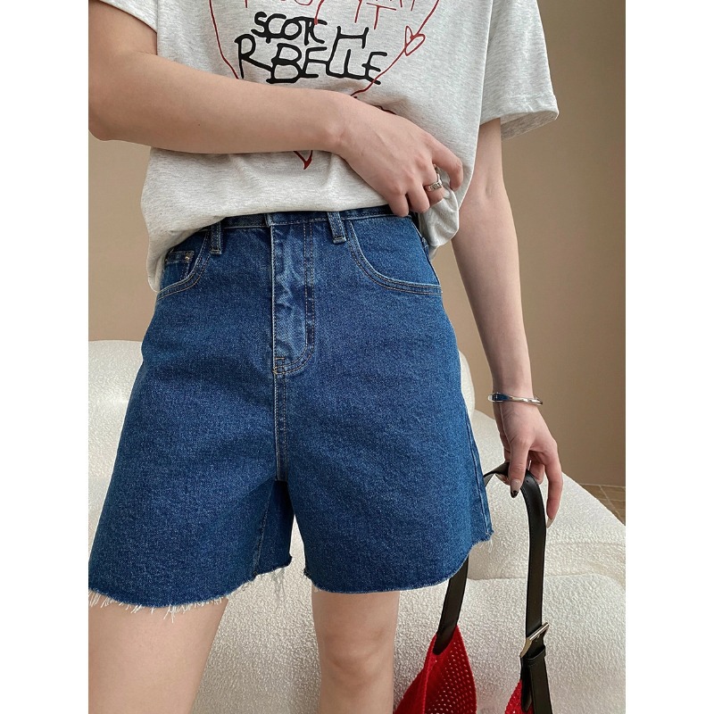 司南美式随性街头水洗高腰设计感毛边直筒五分牛仔短裤