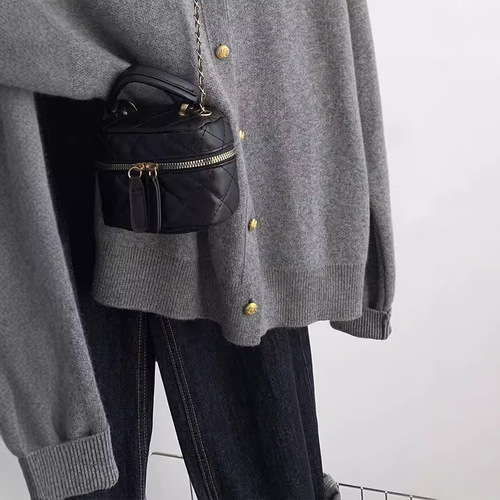 Grey polo neck cardigan women's winter autumn thick knitting jacket for petite women