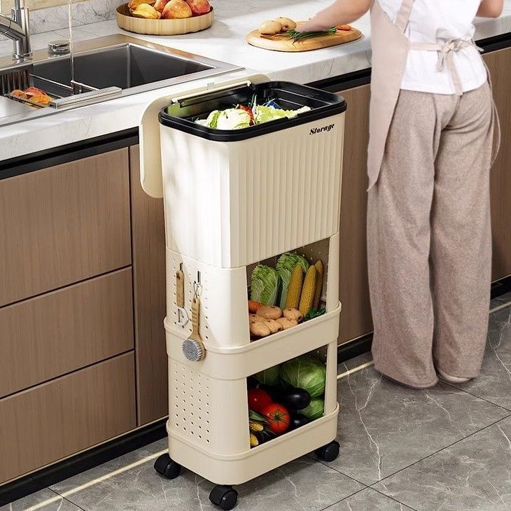 Kitchen Trash Can with Lid, Multi-Layer Floor-Standing Roller, Removable Household Bathroom Multi-Functional Storage Rack Storage Bucket