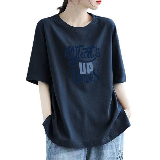 A100% Cotton Short-sleeved T-shirt Women's 2025 New Summer Loose plus size All-match Western Style Casual Printed Top Trendy