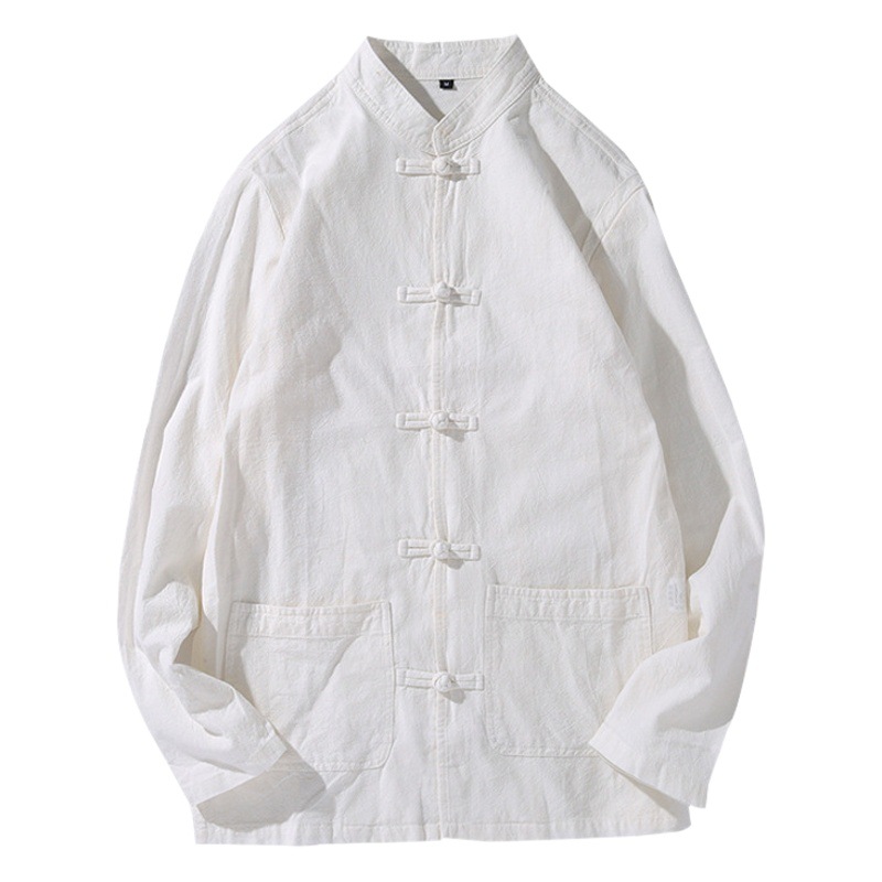 Camisa de traje Tang de manga larga casual de primavera y otoño de estilo chino Camisa de té suelta retro de estilo chino Túnica de túnica de color sólido para hombre