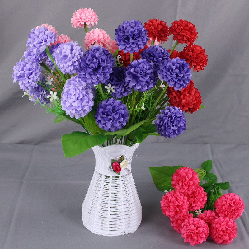 Single bunch of artificial flowers, 9-headed hydrangea flowers, lilac balls, chrysanthemum bunches, wedding decoration, bunches for engineering and arrangement, silk flowers