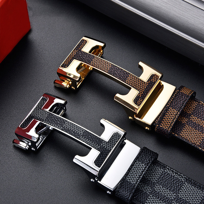 Cinturón de Cuero Genuino de Dos Capas para Hombre, Estampado de Cuadros, Hebilla Automática, Estilo Casual de Lujo