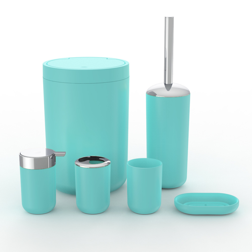 Plástico de color sólido plateado seis piezas conjunto de cepillo de dientes caja de jabón cepillo de inodoro almacenamiento baño conjunto de lavado
