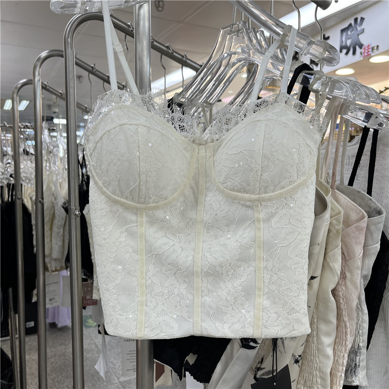 Lace Sequins Beautiful Back Top 2025 Summer New Style Chest Pad All-Match Pleated Gather Strap Pleated Top for Women