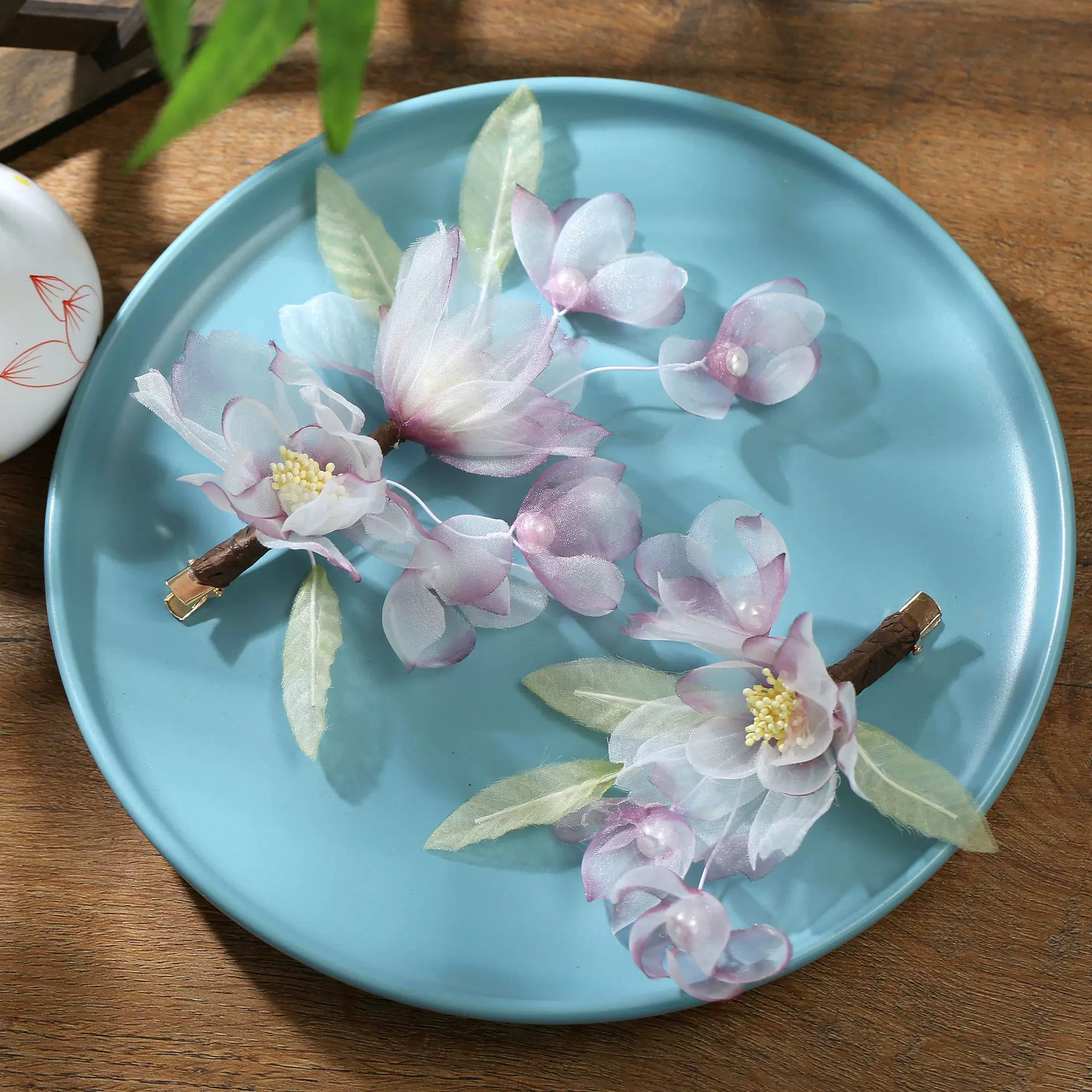 2024新款少女款古风仙气烫花绢花边夹头花簪花夹子配饰汉服头饰品