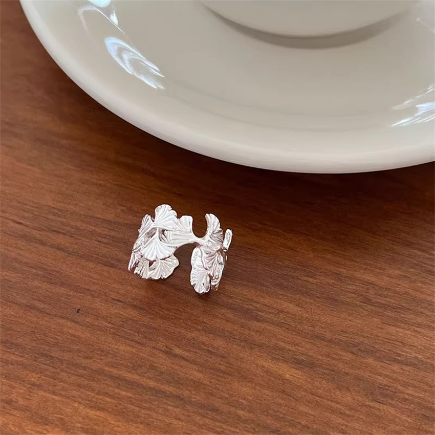 925銀重工法式雕刻銀杏葉高級感輕奢戒指女ins風個性小眾開口指環