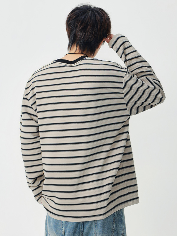 LKTM男装 黑白条纹圆领宽松休闲长袖T恤男女简约百搭基础款打底衫|undefined