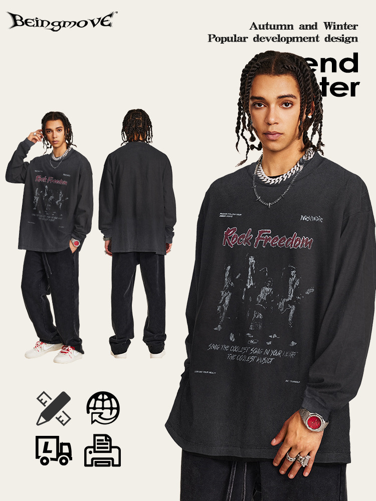2025 otoño estilo americano de moda estilo callejero vent Punk oscuro vintage suelto camiseta de manga larga hombre venta cruzada