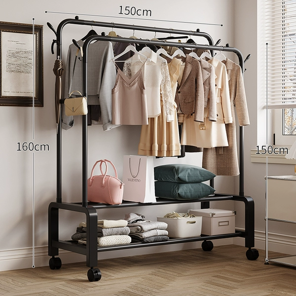 Double rod double layer 150cm black + coat rack + universal wheel