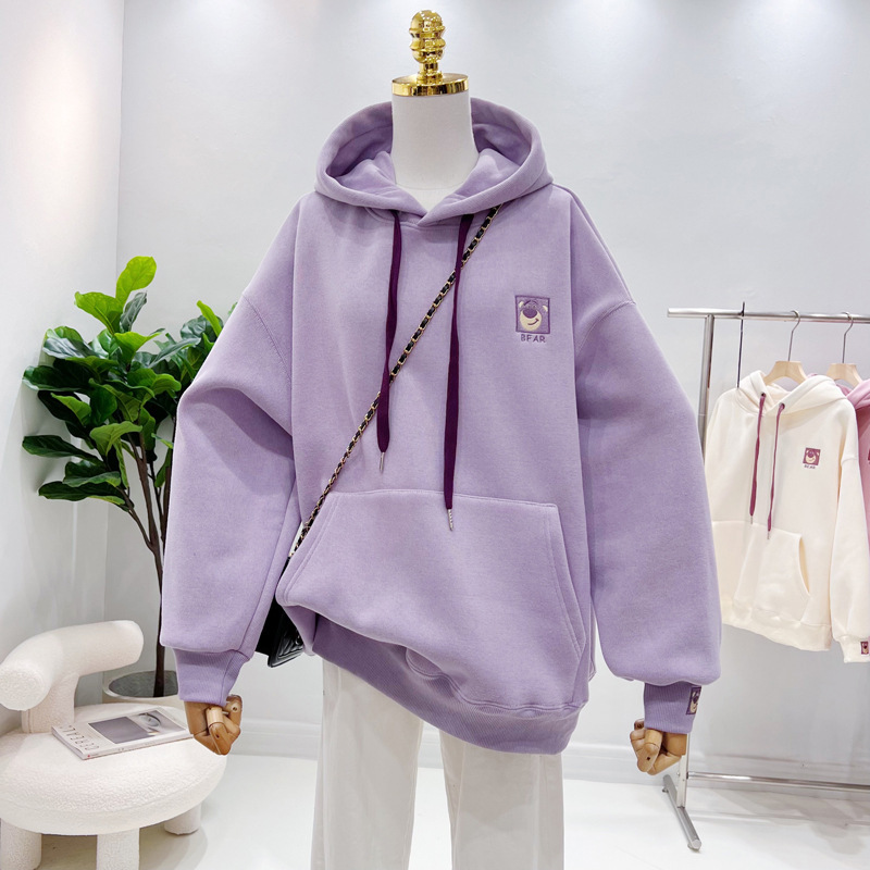 乳系にベルベットをつけて刺繍を厚くしたベアーのかわいいフード付きのセーターの女性秋冬ヴィンテージの年齢を減らしたゆるい上着|undefined