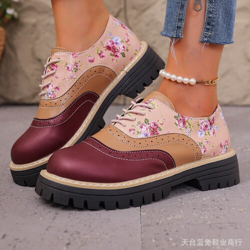 Thick heel floral lace large size brock single-layer shoes for women 2025 autumn color matching round head loafer low-cut shoes foreign trade 43