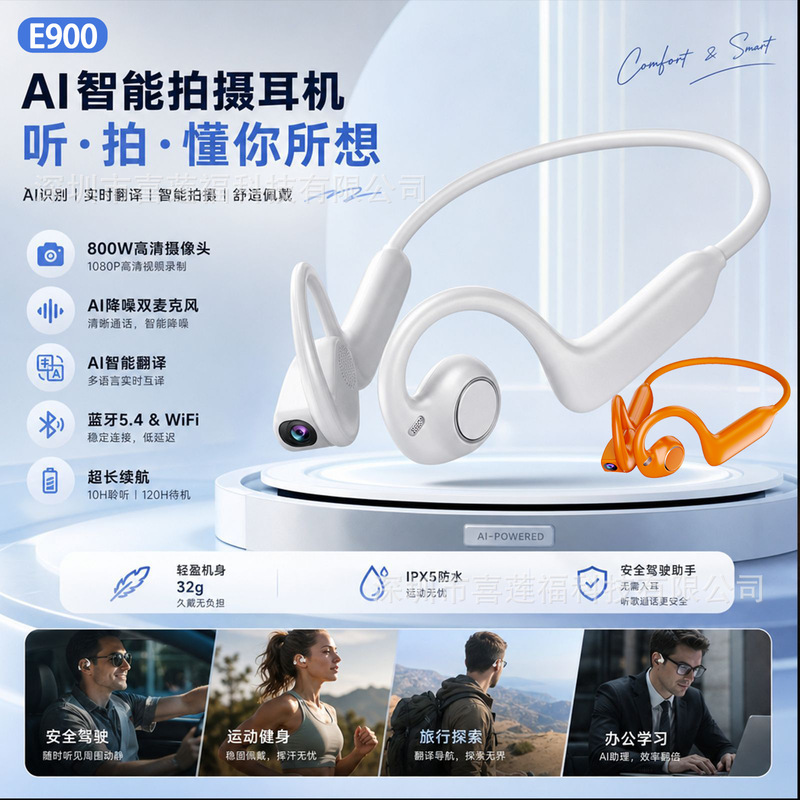 Ai Smart Camera and Photo-Taking Bluetooth Headset E900 High-Pixel Image Recognition Conference Translation Outdoor Sports Headset E12